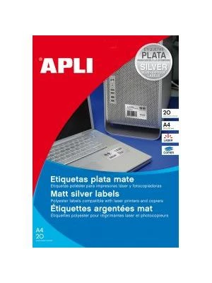 Etikety polyesterové 63,5x29,6mm APLI A4 20 hárkov strieborné