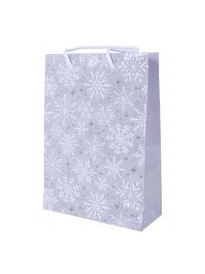 Vianočná laminovaná taška bavlnené ušká 200x80x280mm Strieborné vločky