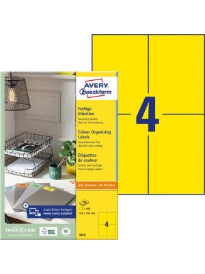 Etikety farebné 105x148mm Avery A4 100 hárkov žlté