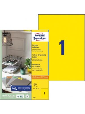 Etikety farebné 210x297mm Avery A4 100 hárkov žlté