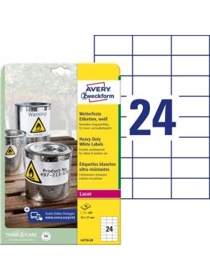 Etikety polyesterové veľmi odolné 70x37mm Avery A4 biele 20 hárkov