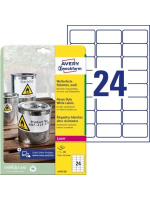 Etikety polyesterové veľmi odolné 63,5x33,9mm Avery A4 biele 20 hárkov