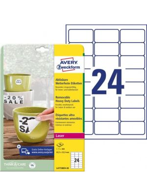 Etikety polyesterové veľmi odolné 63,5x33,9mm Avery A4 biele odnímateľné 20 hárkov