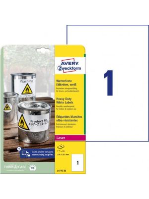 Etikety polyesterové veľmi odolné 210 x 297mm Avery A4 biele 20 hárkov