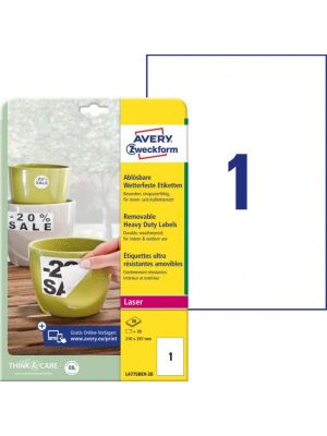 Etikety polyesterové veľmi odolné 210x297mm Avery A4 biele odnímateľné 20 hárkov