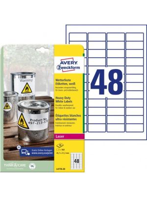 Etikety polyesterové veľmi odolné 45,7x21,2mm Avery A4 biele 20 hárkov