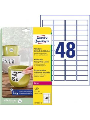 Etikety polyesterové veľmi odolné 45,7x21,2mm Avery A4 biele odnímateľné 20 hárkov
