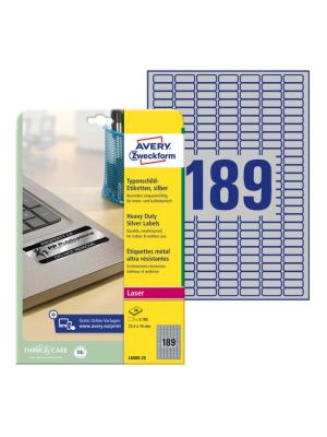 Etikety polyesterové veľmi odolné 25,4x10mm Avery A4 strieborné 20 hárkov