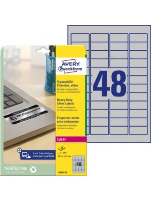 Etikety polyesterové veľmi odolné 45,7x21,2mm Avery A4 strieborné 20 hárkov
