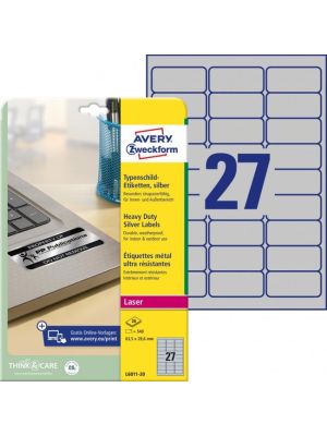 Etikety polyesterové veľmi odolné 63,5x29,6mm Avery A4 strieborné 20 hárkov