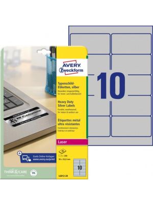 Etikety polyesterové veľmi odolné 96x50,8mm Avery A4 strieborné 20 hárkov