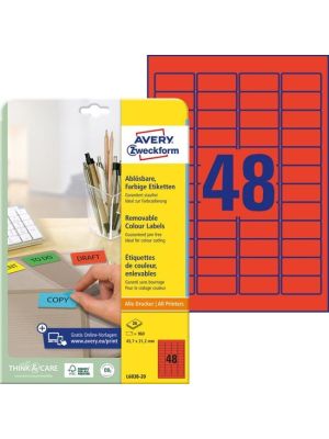Etikety Avery odnímateľné 45,7x21,2 mm červené