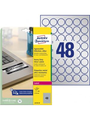 Etikety polyesterové veľmi odolné kruhové priemer 30mm Avery A4 strieborné 20 hárkov
