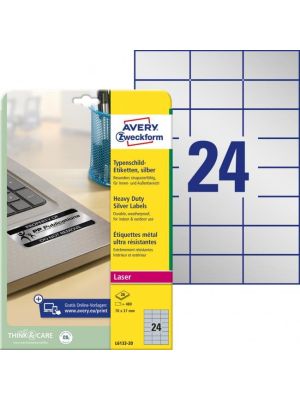 Etikety polyesterové veľmi odolné 70x37mm Avery A4 strieborné 20 hárkov