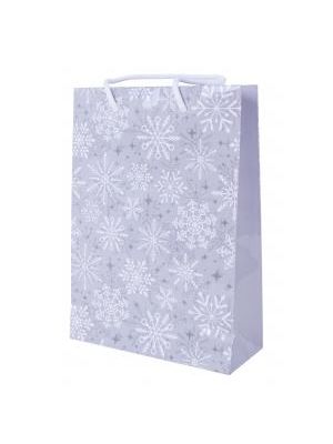 Vianočná laminovaná taška bavlnené ušká 200x80x280mm Strieborné vločky