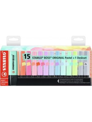 Sada zvýrazňovačov STABILO BOSS ORIGINAL Pastel 15 ks Stolný set  so 14 rôznymi farbami