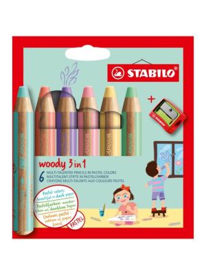 Farbičky STABILO woody 3 in 1 Pastel 6 ks Sada v kartónovom obale so strúhadlom