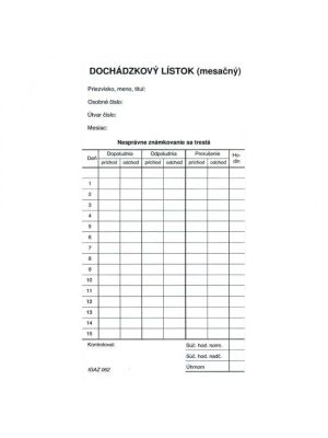 Dochádzkový lístok mesačný I062