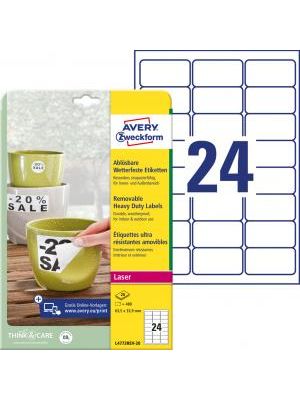 Etikety polyesterové veľmi odolné 63,5x33,9mm Avery A4 biele odnímateľné 20 hárkov
