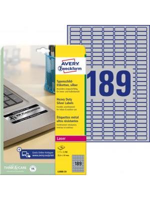 Etikety polyesterové veľmi odolné 25,4x10mm Avery A4 strieborné 20 hárkov