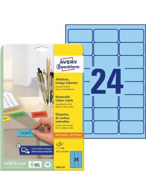 Etikety Avery odnímateľné 63,5x33,9 mm, modré