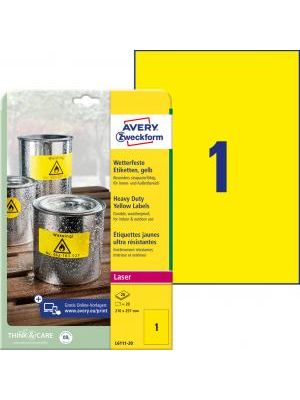 Etikety polyesterové veľmi odolné 210x297mm Avery A4 žlté 20 hárkov