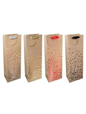 Papierová taška na víno 120x360mm KRAFT textilné ušká vo farbe tašky mix 4 motívov bez možnosti výbe