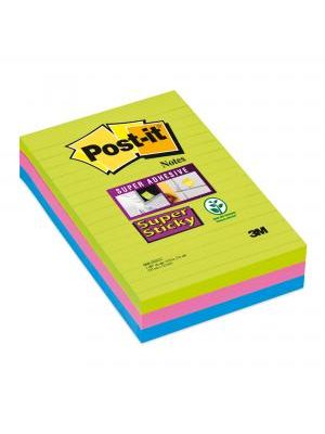Bloček Post-it Super Sticky 101 mm x 152 mm XXL, dúhové farby, linajkové, 3 bločky po 90 lístkov